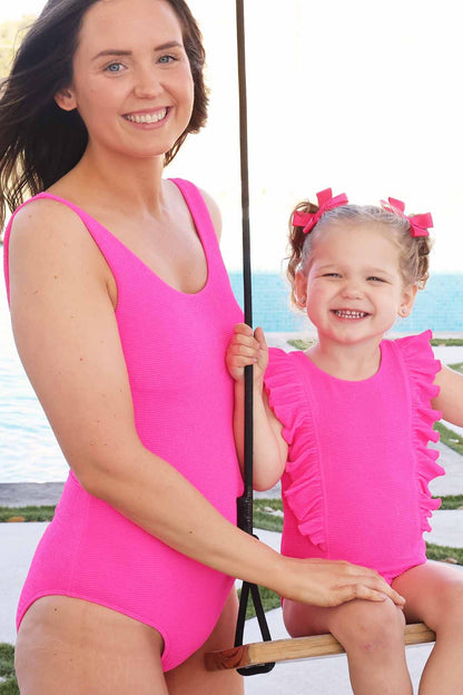 Double Ruffle Crinkle One-Piece | Neon Pink