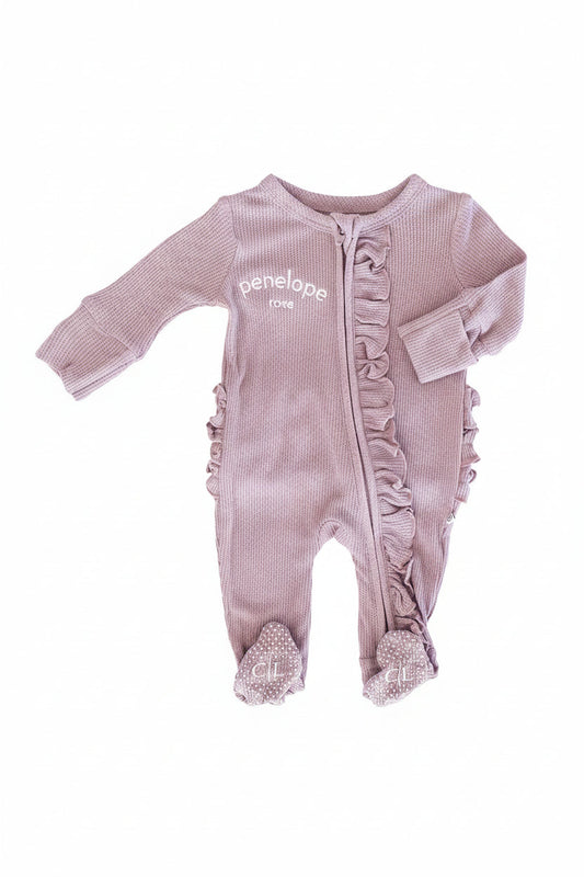Embroidered Bamboo Waffle Zipper Ruffle Footies | In Bloom