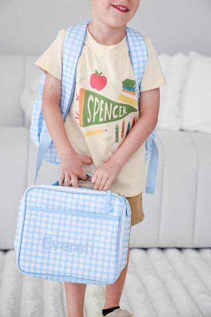 Kids Embroidered Lunchbox | Blue Gingham