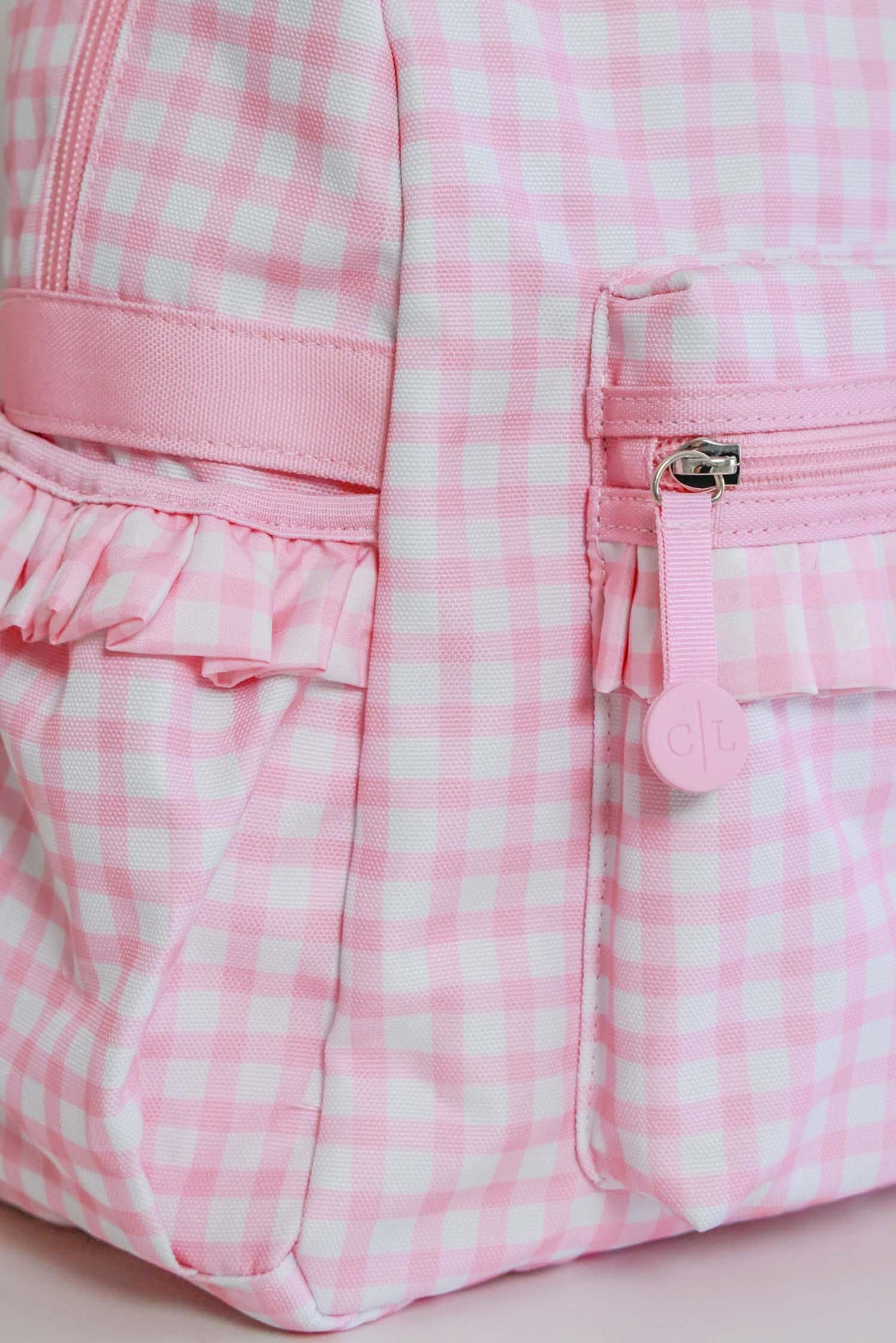 Kids Embroidered Ruffle Backpack | Pink Gingham