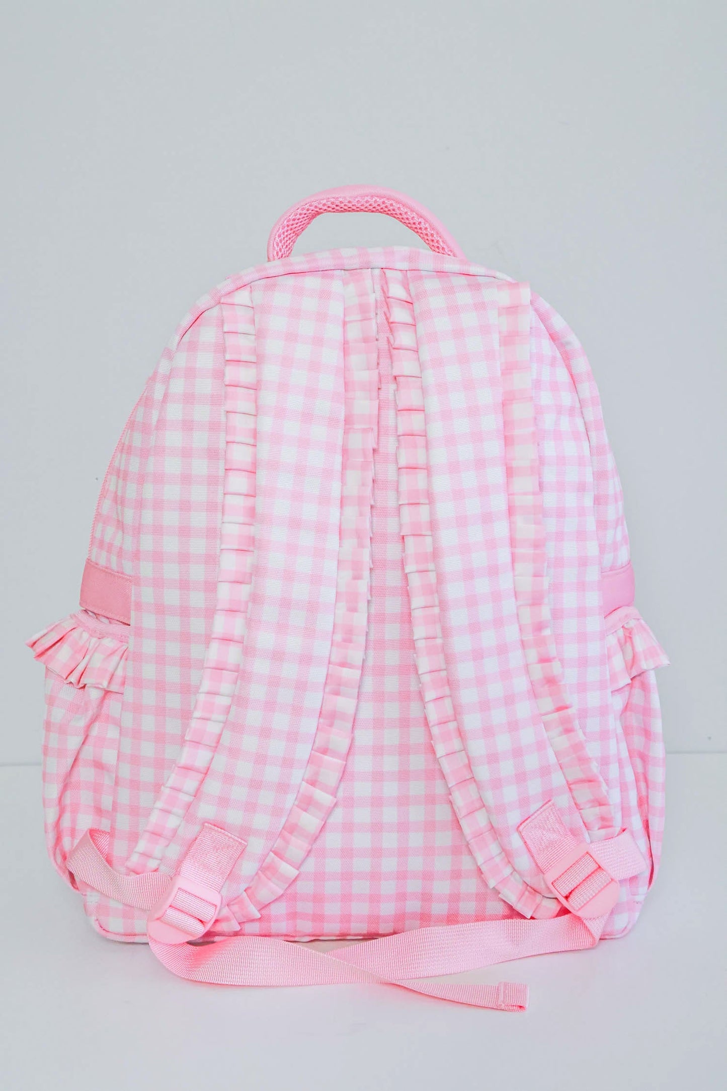 Kids Embroidered Ruffle Backpack | Pink Gingham