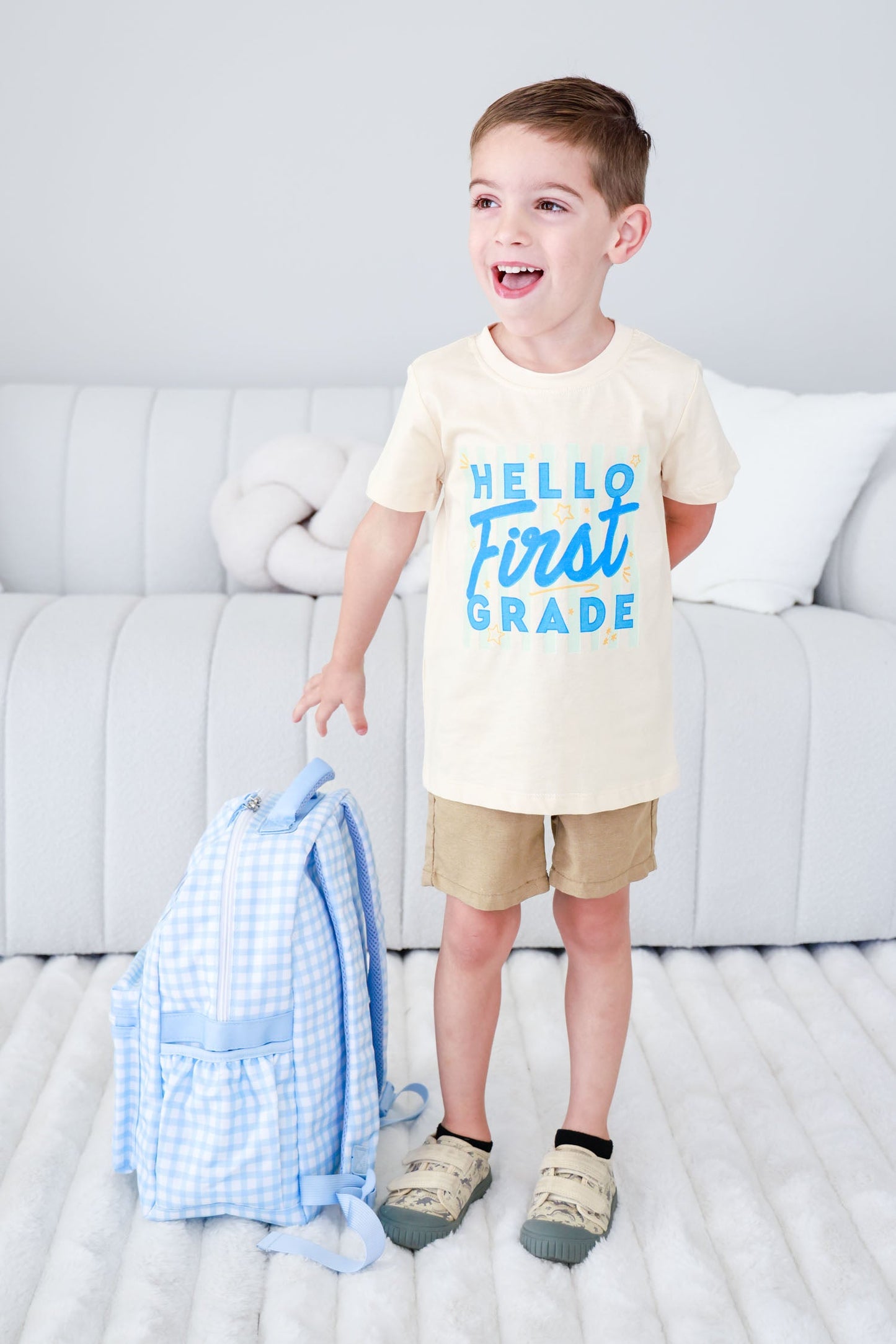 Kids Embroidered Backpack | Blue Gingham