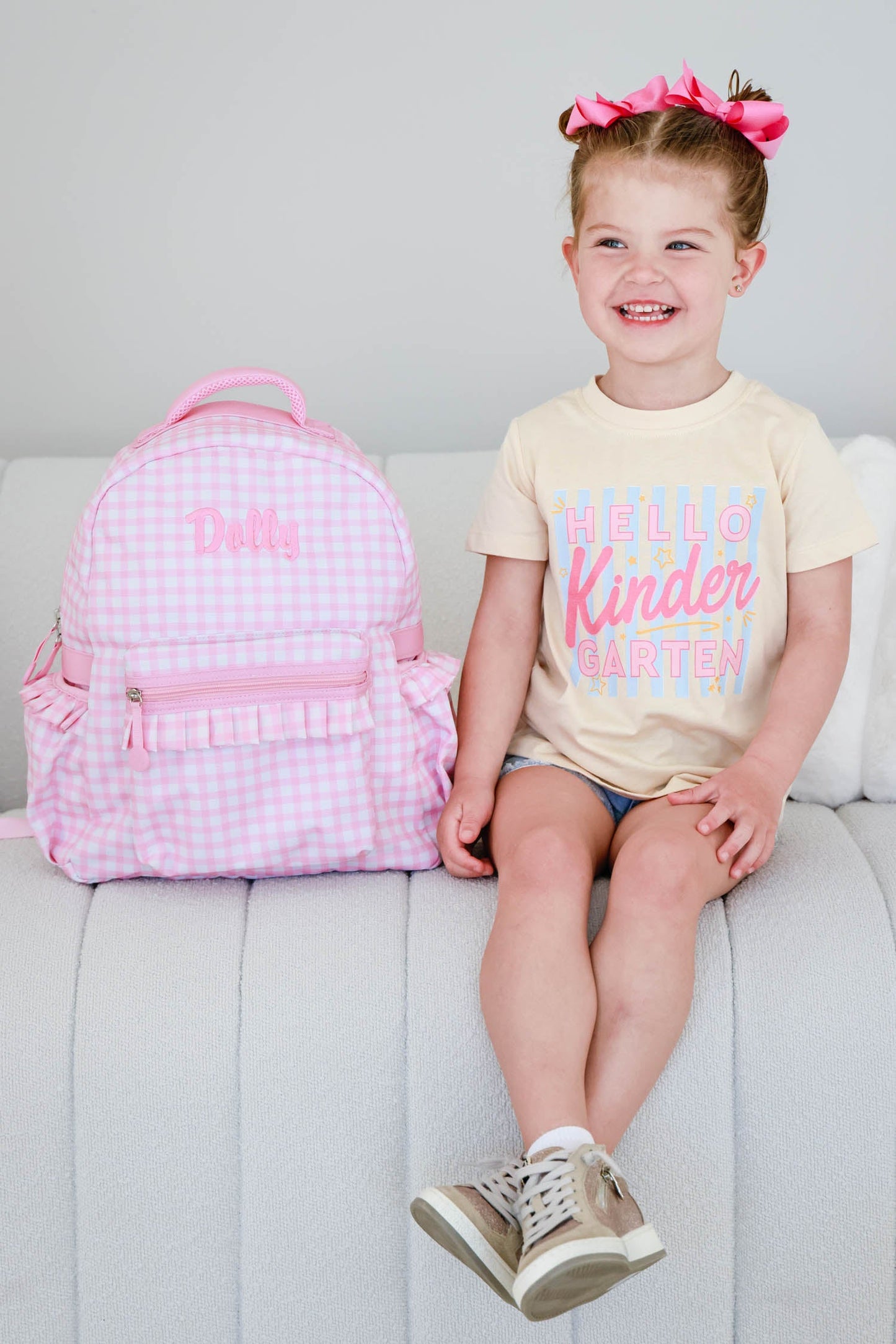 Kids Embroidered Ruffle Backpack | Pink Gingham