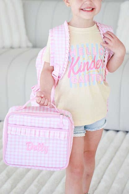 Kids Embroidered Ruffle Lunchbox | Pink Gingham