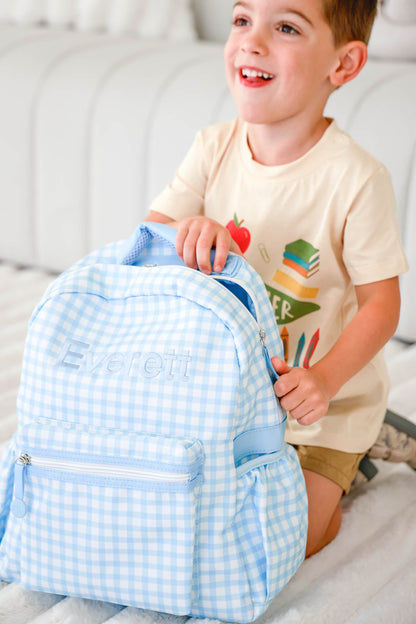Kids Embroidered Backpack | Blue Gingham