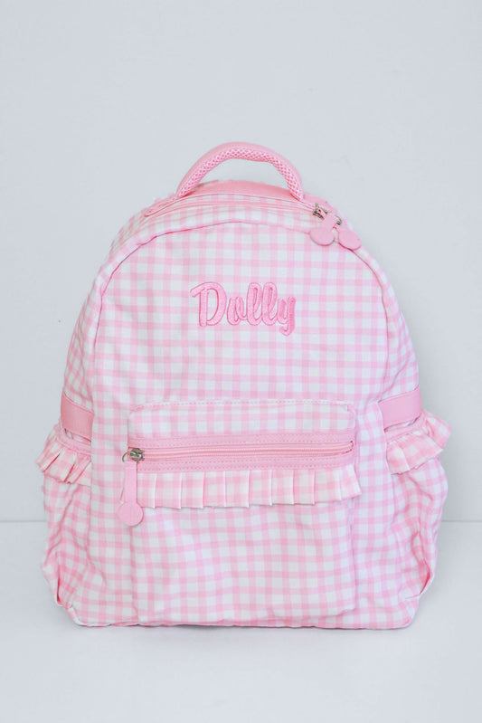 Kids Embroidered Ruffle Backpack | Pink Gingham
