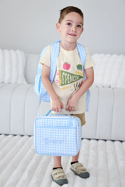 Kids Embroidered Lunchbox | Blue Gingham