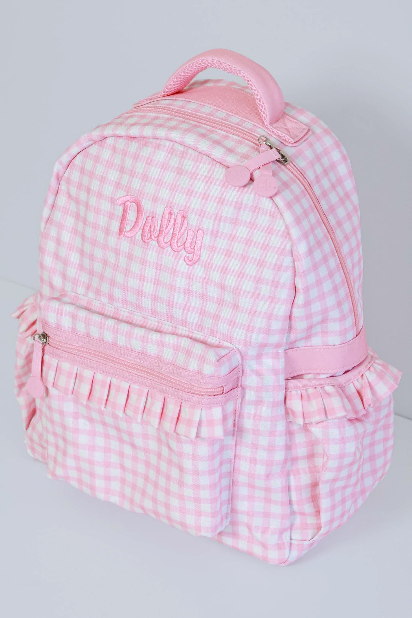 Kids Embroidered Ruffle Backpack | Pink Gingham