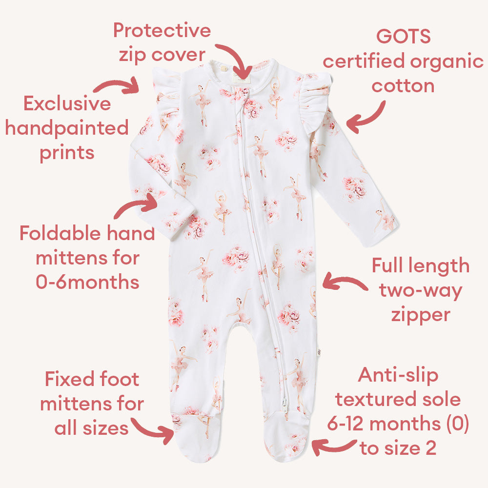Ballerina Organic Snuggle Sleepsuit Zip Footie with Frill