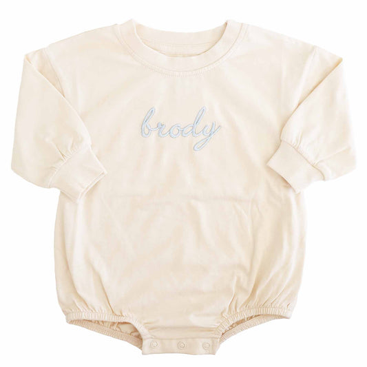 Embroidered Script Name Long Sleeve Bubble Romper | Natural