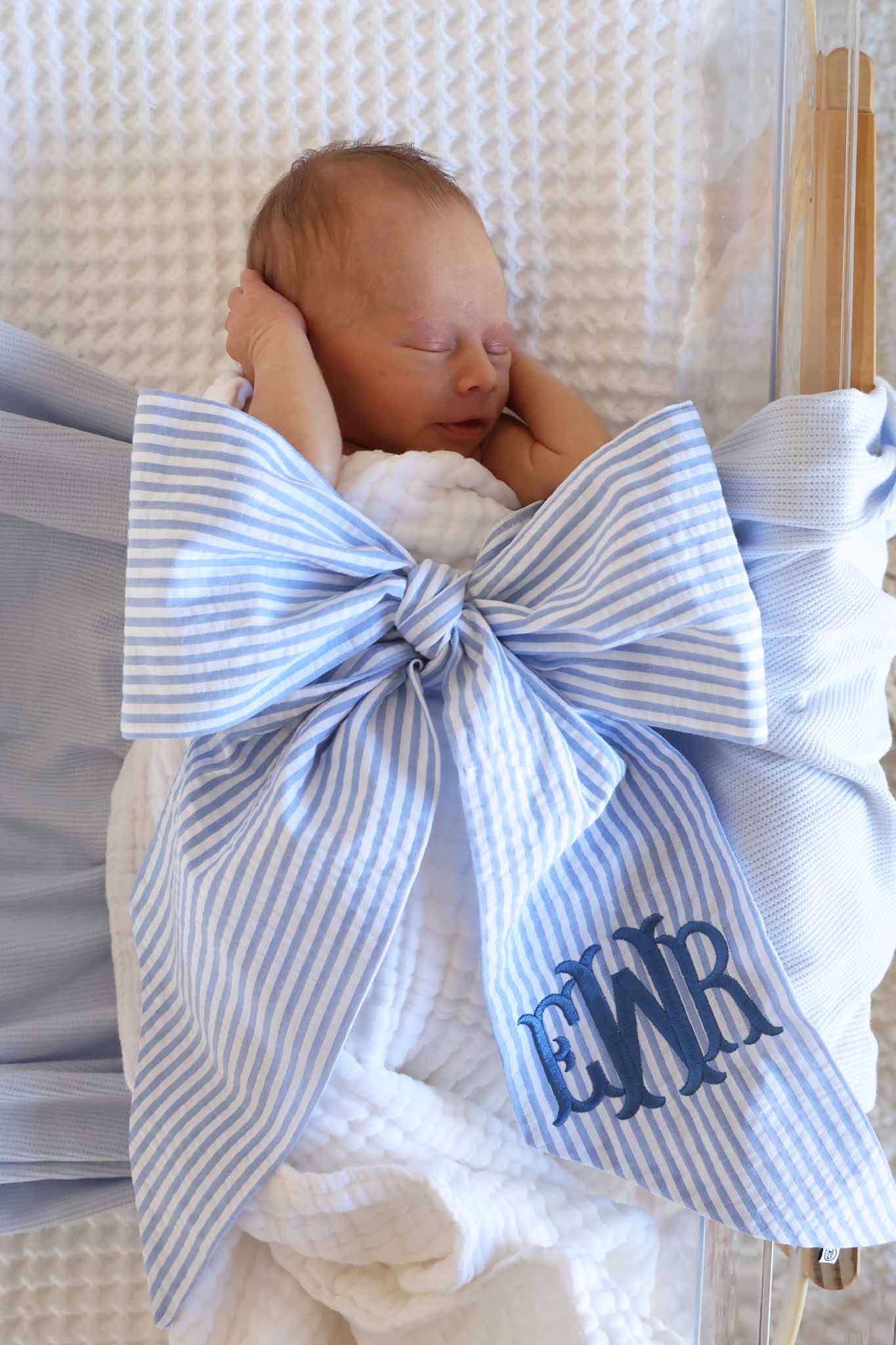 Personalized Newborn Bow Sash | Seersucker