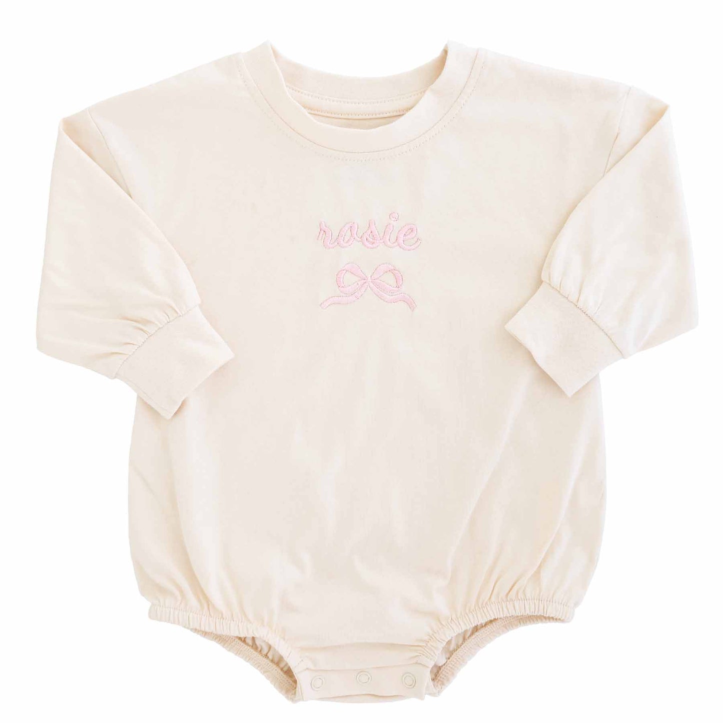 Embroidered Bow Long Sleeve Bubble Romper | Natural