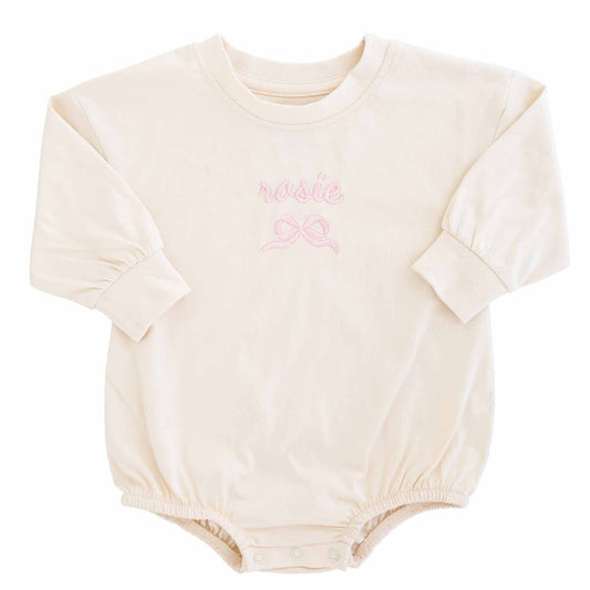 Embroidered Bow Long Sleeve Bubble Romper | Natural