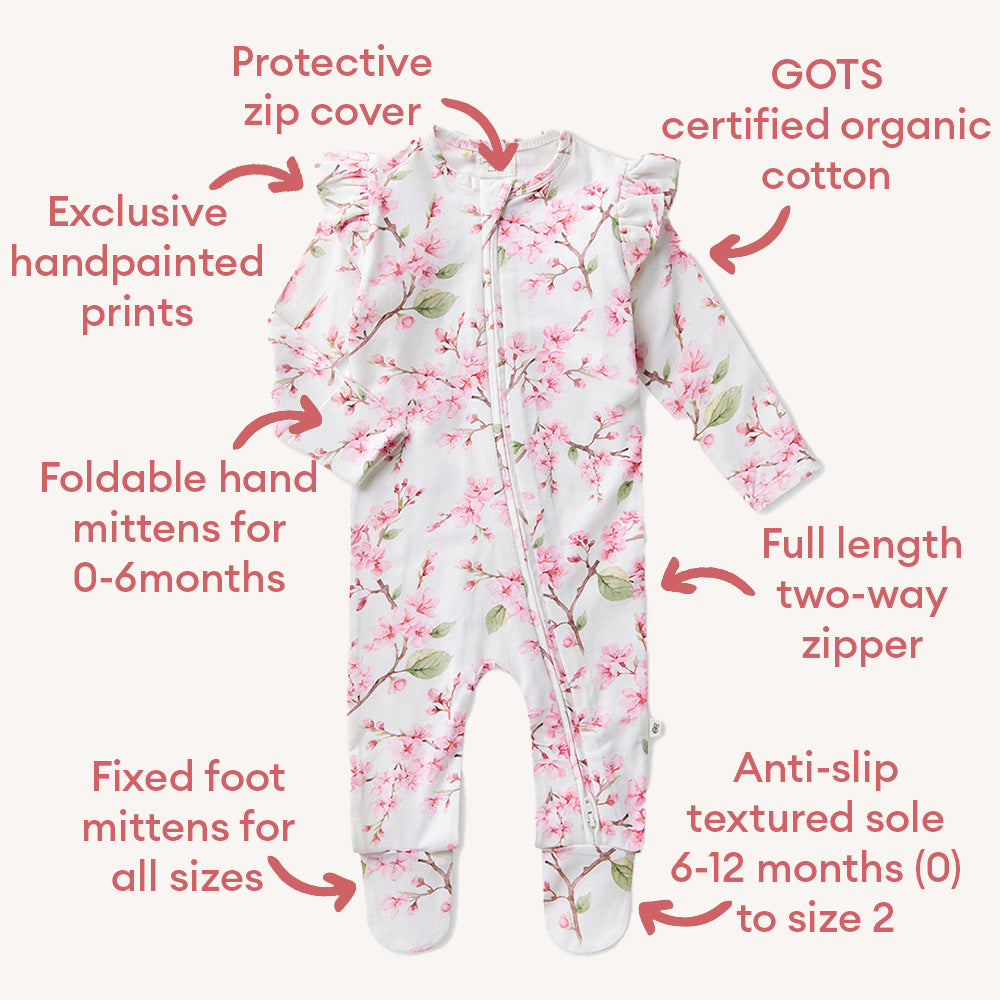 Cherry Blossom Organic Snuggle Sleepsuit Zip Footie with Frill