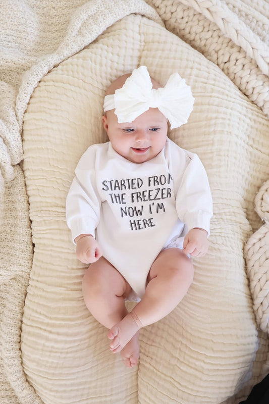 Started From The Freezer Graphic Sweatshirt Bubble Romper | White