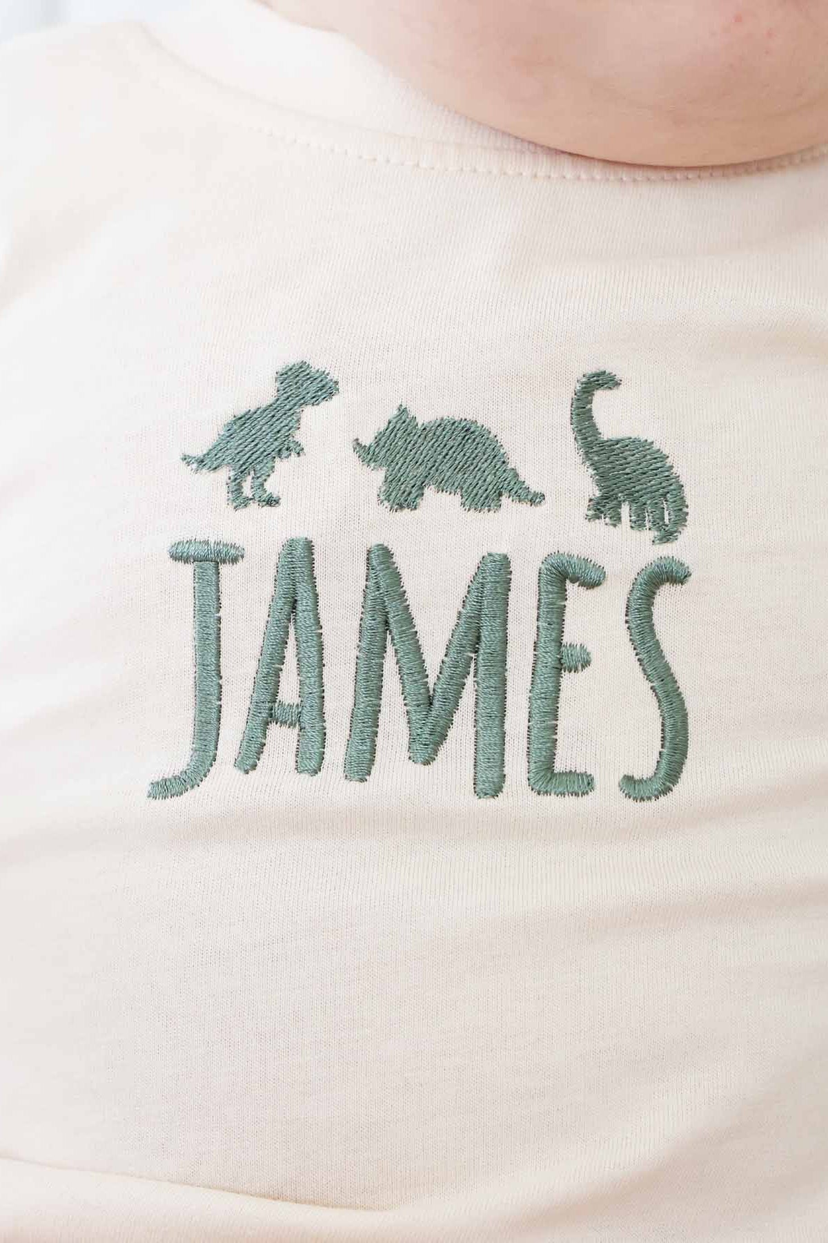 Embroidered Dinosaur Long Sleeve Bubble Romper | Natural