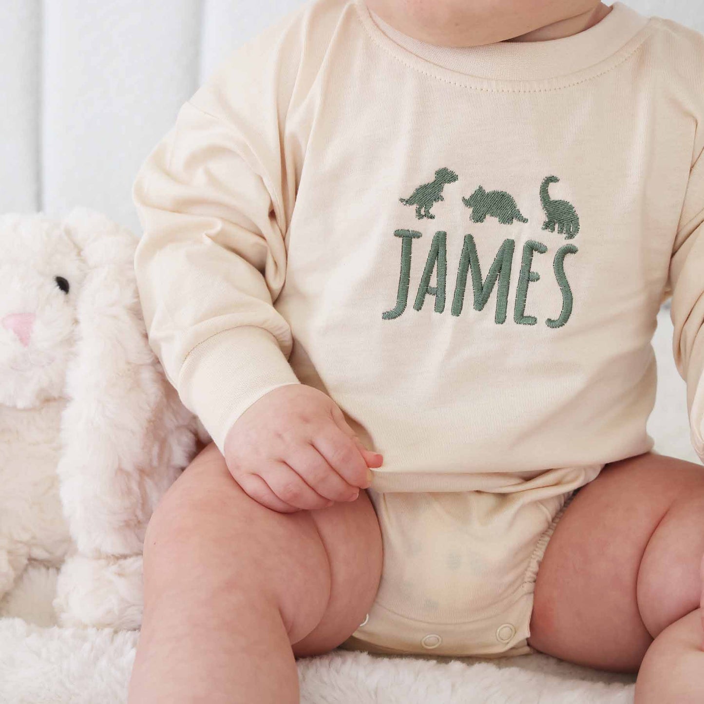 Embroidered Dinosaur Long Sleeve Bubble Romper | Natural