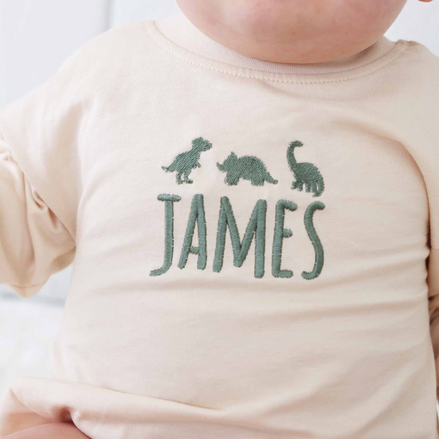 Embroidered Dinosaur Long Sleeve Bubble Romper | Natural