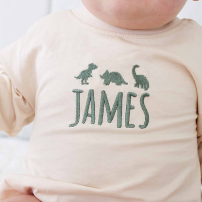 Embroidered Dinosaur Long Sleeve Bubble Romper | Natural
