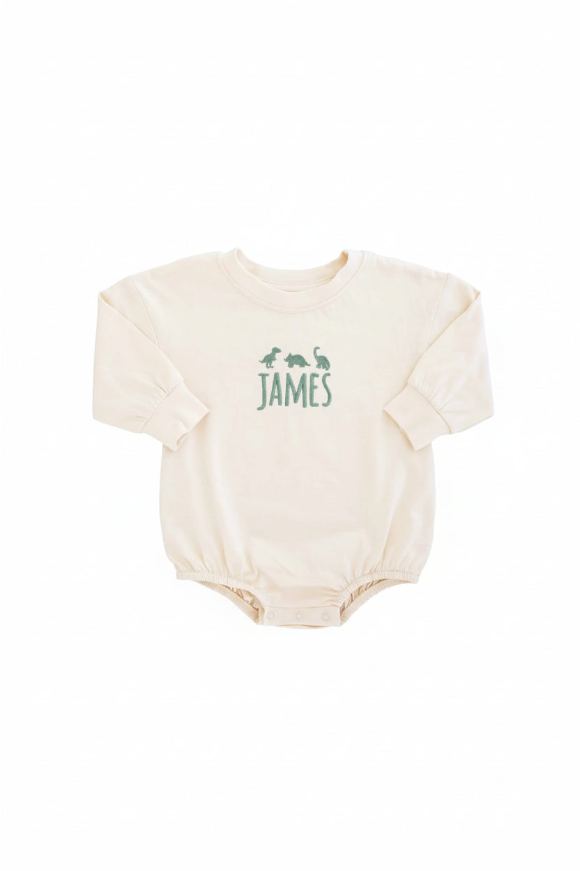 Embroidered Dinosaur Long Sleeve Bubble Romper | Natural