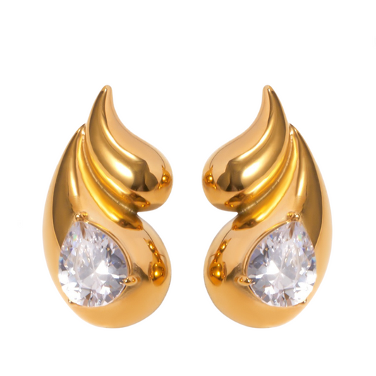 Double Layered Droplet Shaped Diamond Inlaid Earrings