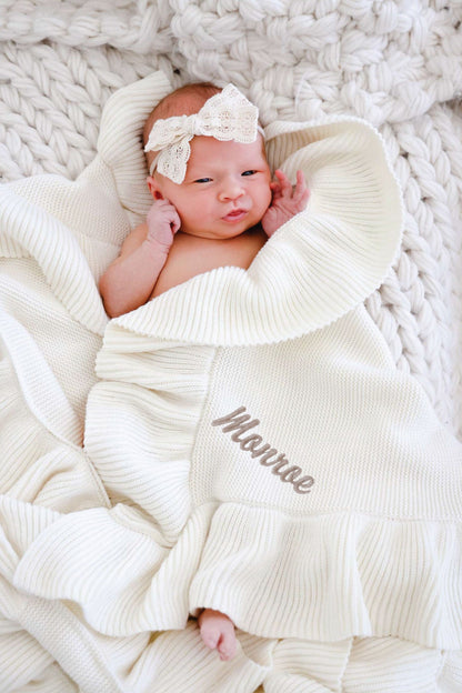 Embroidered Knit Blanket With Ruffle | Ivory