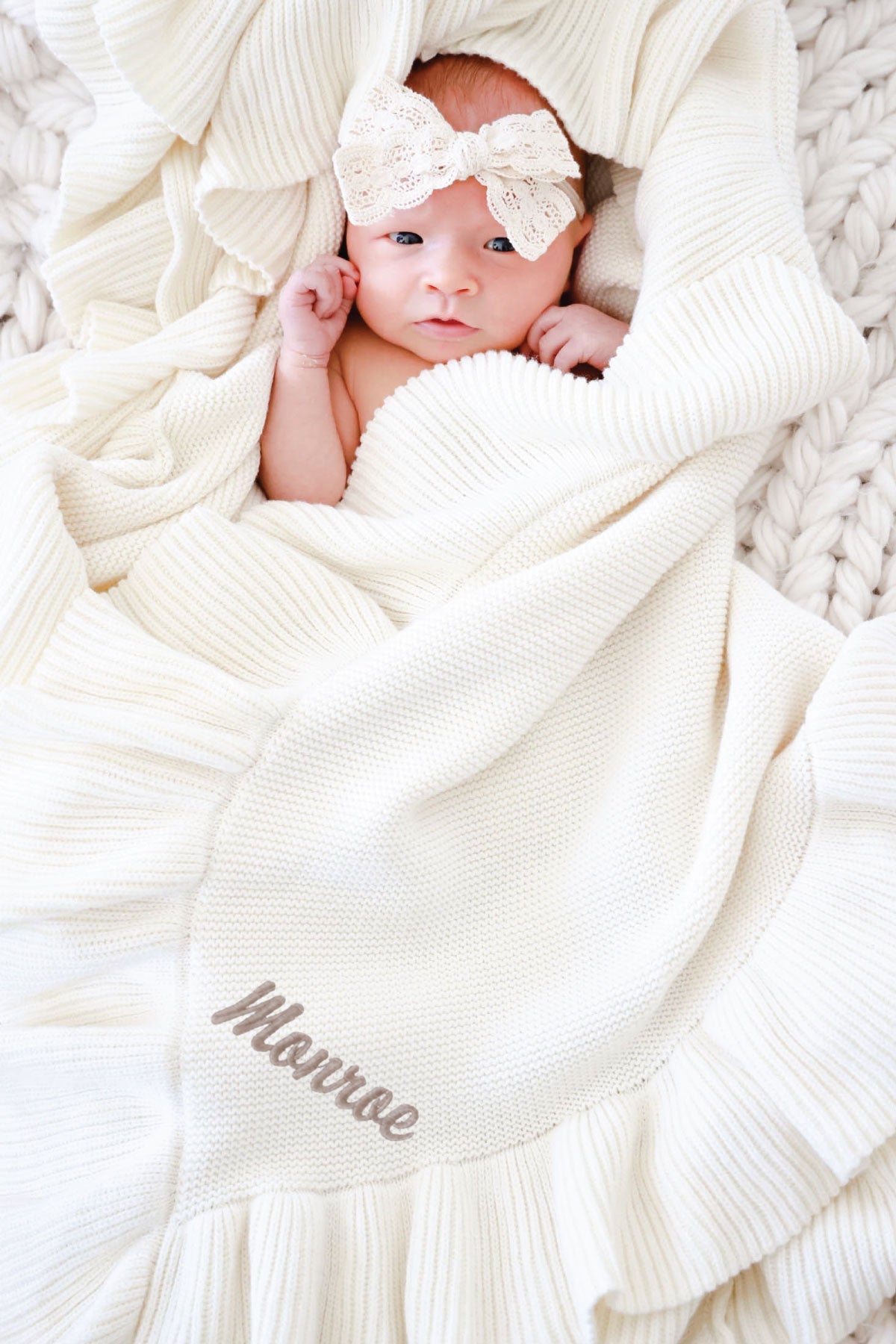 Embroidered Knit Blanket With Ruffle | Ivory