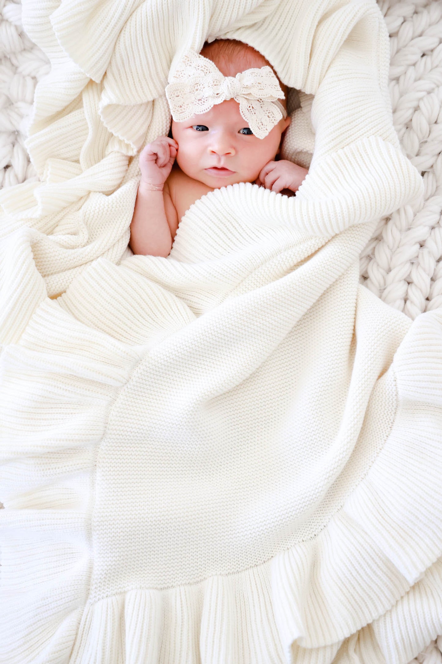Embroidered Knit Blanket With Ruffle | Ivory