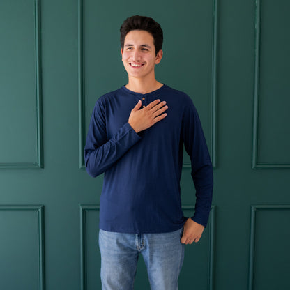 Men's Long Sleeve Henley Top in Navy
