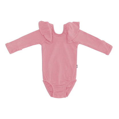 Ribbed Long Sleeve Ruffle Leotard in Apple Blossom
