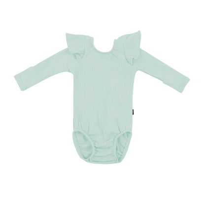 Ribbed Long Sleeve Ruffle Leotard in Sage