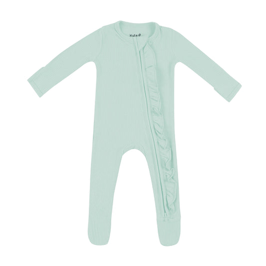 Ribbed Ruffle Zipper Footie in Sage