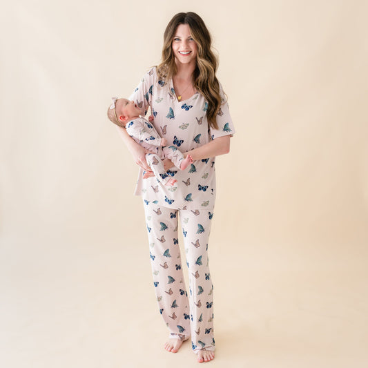 Women's Relaxed Fit V-Neck in Blush Butterfly