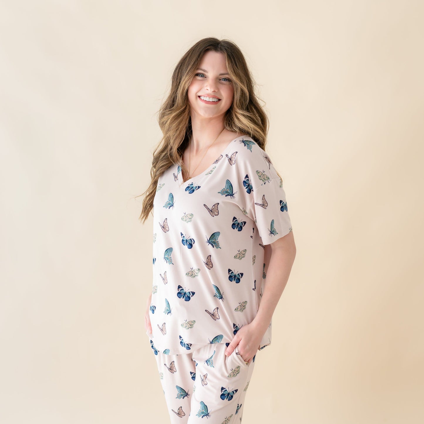 Women's Relaxed Fit V-Neck in Blush Butterfly