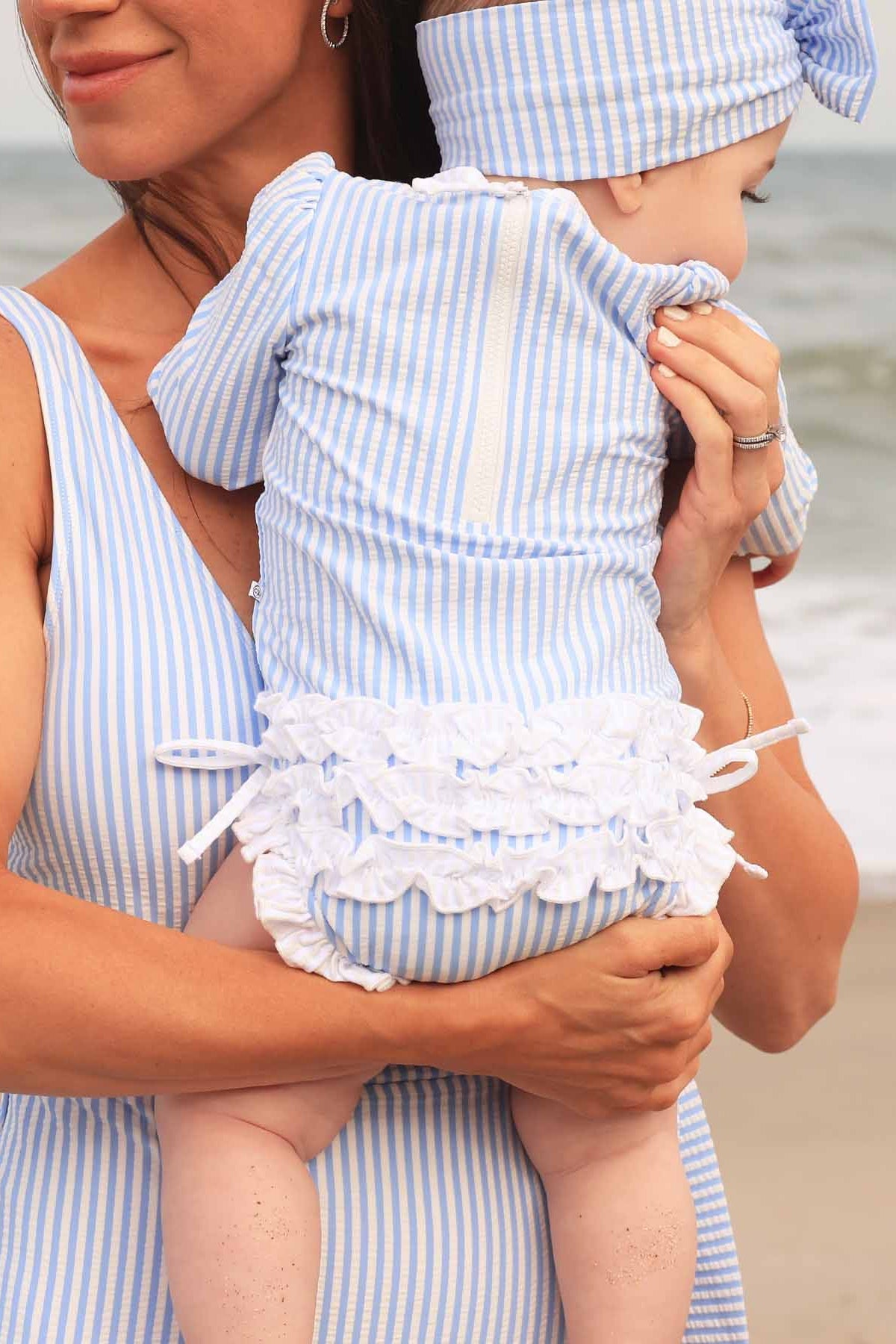 Long Sleeve Rash Guard With Ruffle Bottom | Seersucker Blue