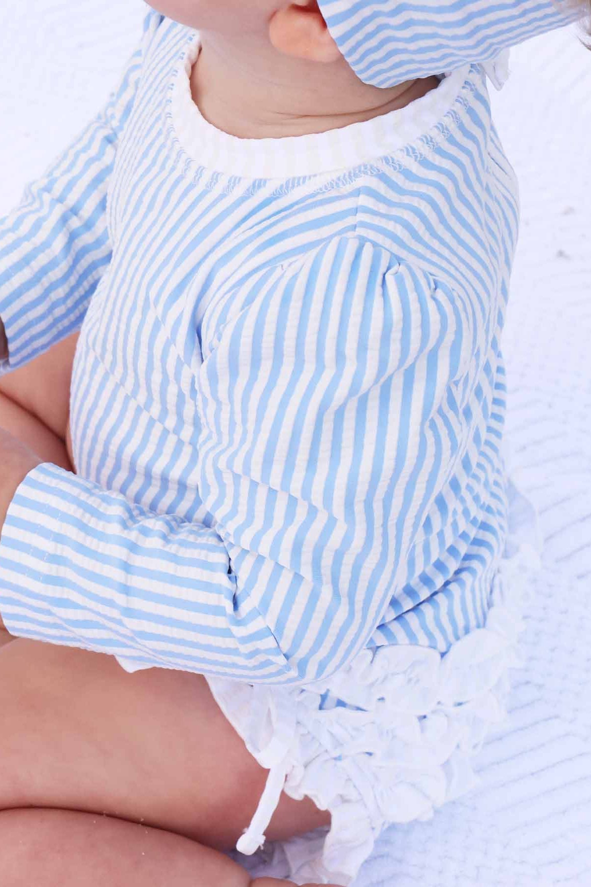 Long Sleeve Rash Guard With Ruffle Bottom | Seersucker Blue