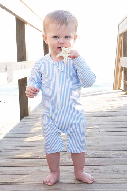Long Sleeve Rash Guard Swim Romper Shortie | Seersucker Blue