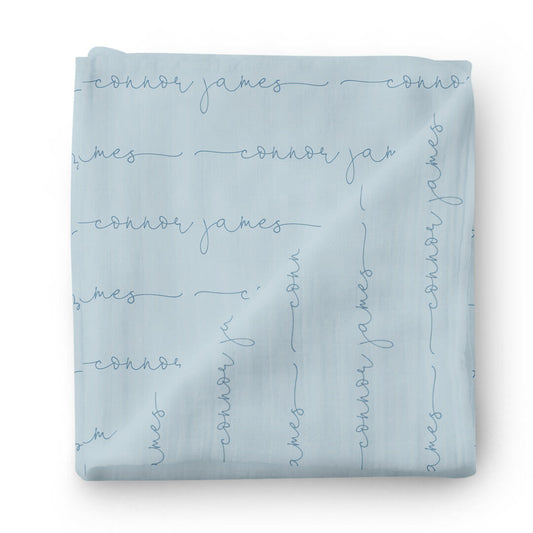 Personalized Light Dusty Blue Baby Name Swaddle Blanket - Script