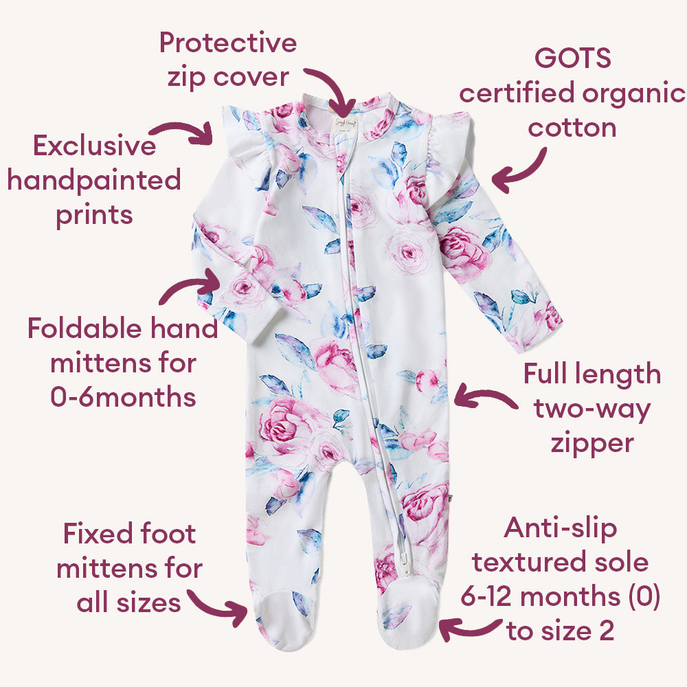 Lilac Skies Organic Snuggle Sleepsuit Zip Footie with Frill