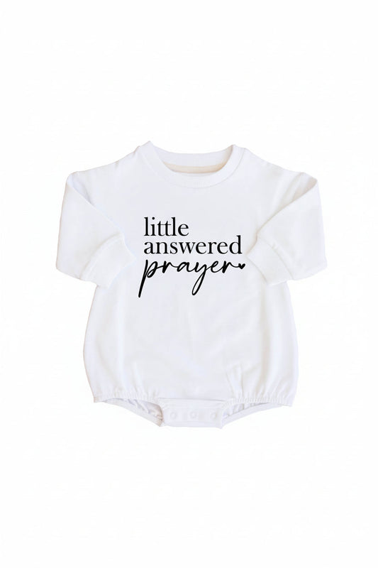 Little Answered Prayer Graphic Sweatshirt Bubble Romper | White