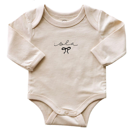 Personalized Little Bow Long Sleeve Graphic Bodysuit | Natural