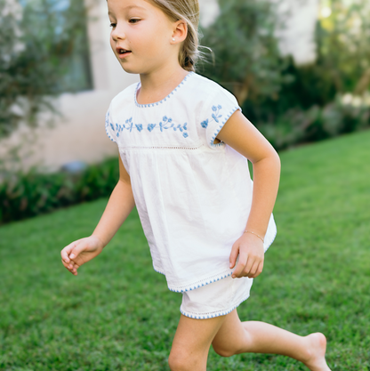 girls white embroidered cap sleeve top and short set