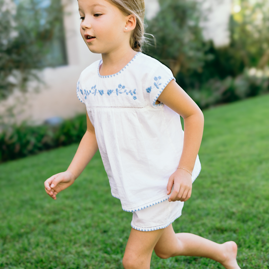 girls white embroidered cap sleeve top and short set