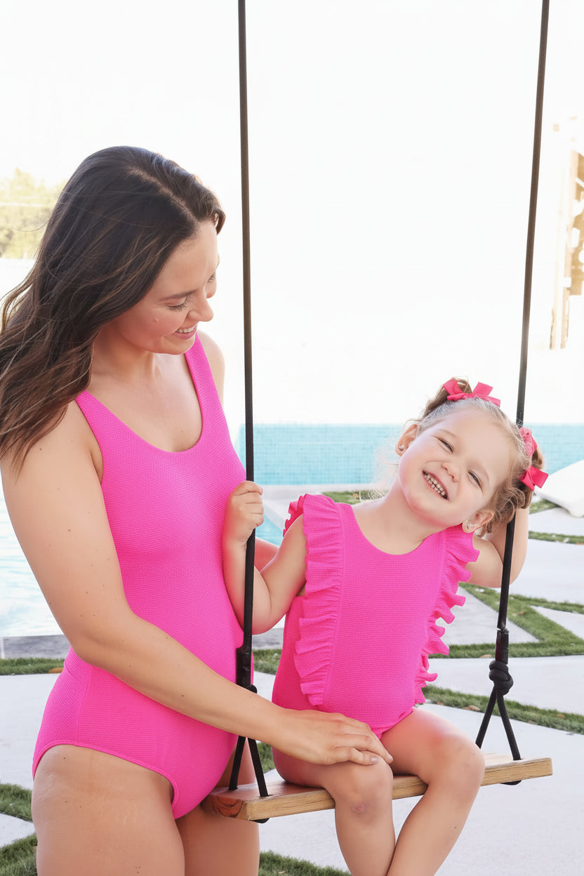 Double Ruffle Crinkle One-Piece | Neon Pink