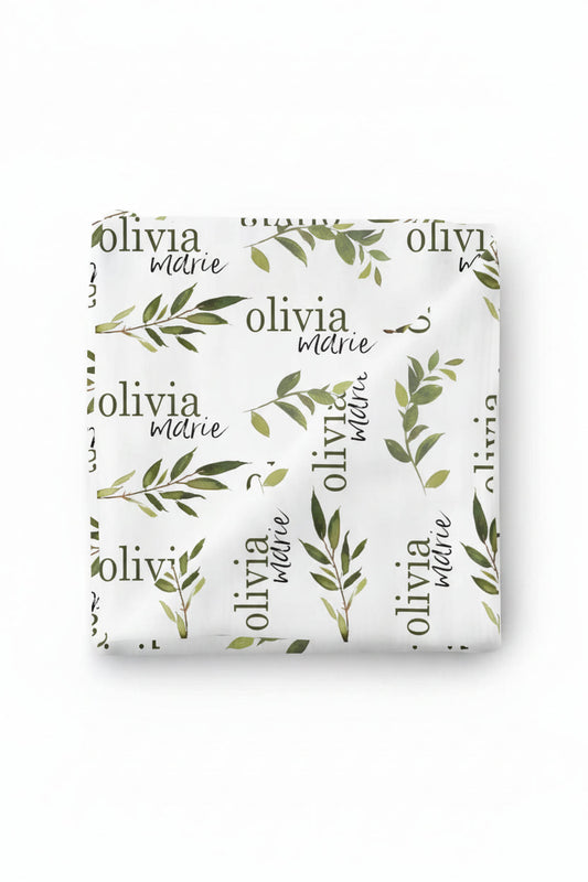 Olive Leaf Personalized Baby Name Swaddle Blanket