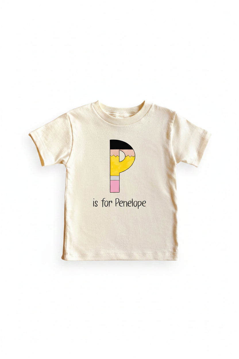 Personalized Pencil Letters Kids Graphic Tee | Natural