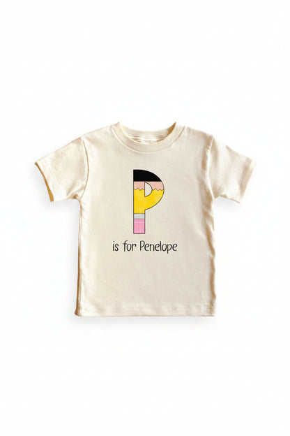 Personalized Pencil Letters Kids Graphic Tee | Natural