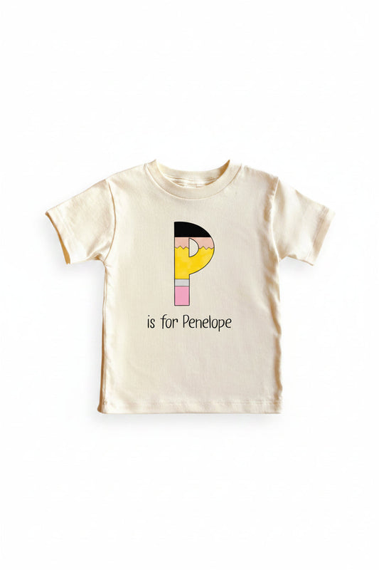 Personalized Pencil Letters Kids Graphic Tee | Natural