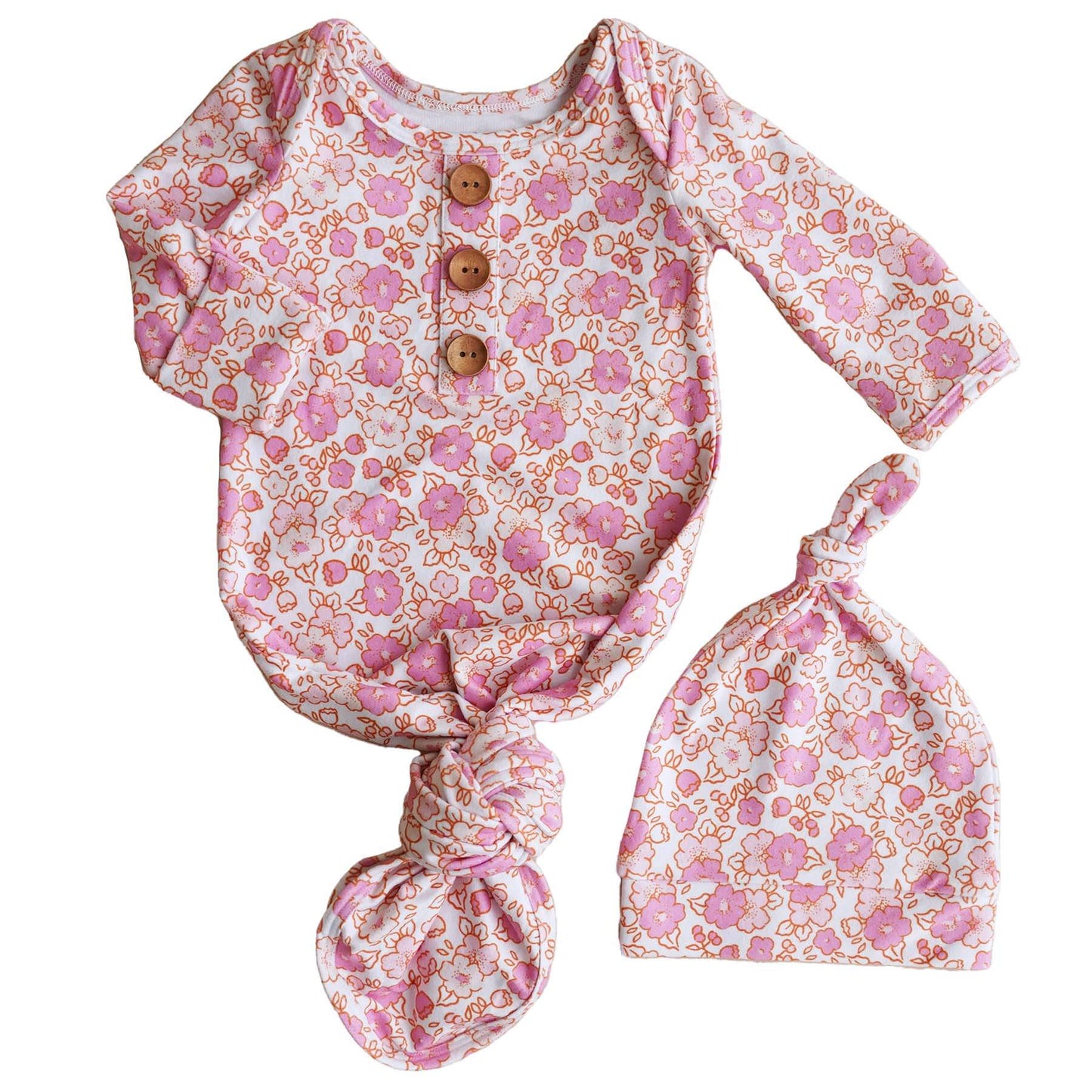 Palmer's Pink Floral Newborn Baby Knot Gown & Hat Set