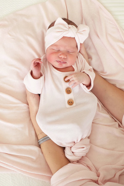 Pearl Pink Bamboo Waffle Knit Large Bow Headwrap